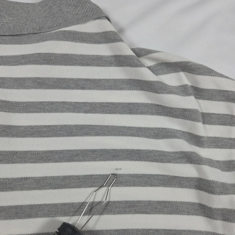 Polo Ralph Lauren Mens Large Grey White Striped Short Sleeve Pique Polo Shirt